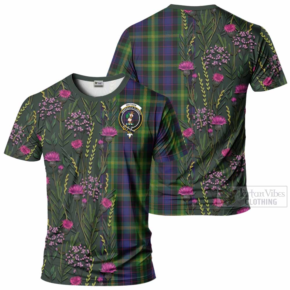 Watson Family Crest Tartan T-Shirt Scottish Thistle Flower Pattern Half Style - Tartan Vibes Clothing
