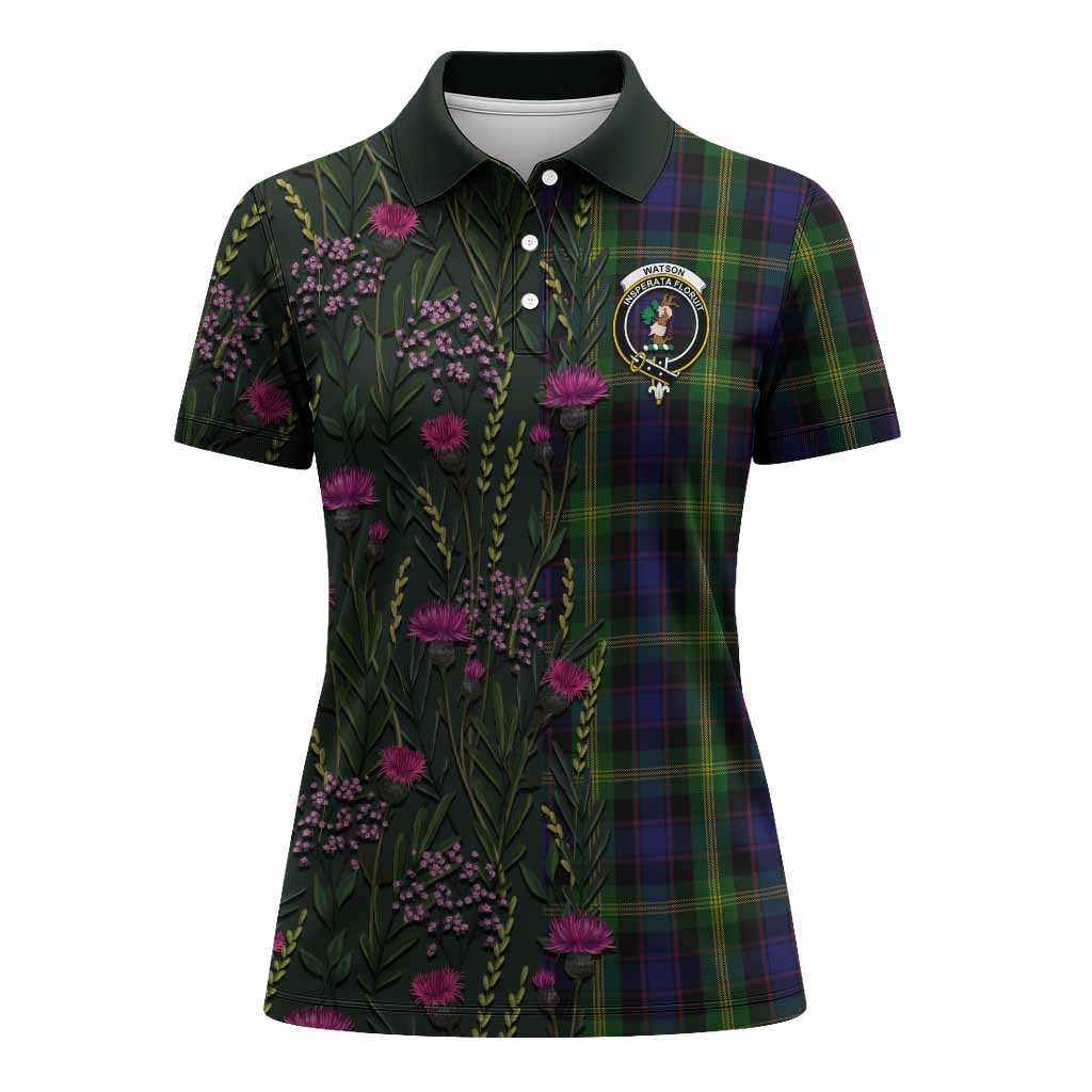 Watson Family Crest Tartan Women Polo Shirt Scottish Thistle Flower Pattern Half Style - Tartan Vibes Clothing