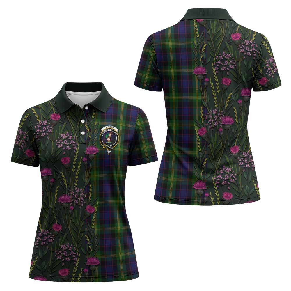 Watson Family Crest Tartan Women Polo Shirt Scottish Thistle Flower Pattern Half Style - Tartan Vibes Clothing