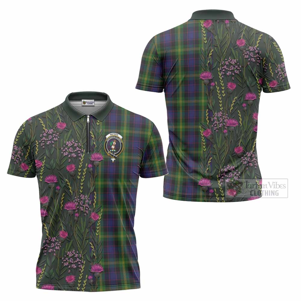 Watson Family Crest Tartan Zipper Polo Shirt Scottish Thistle Flower Pattern Half Style - Tartan Vibes Clothing