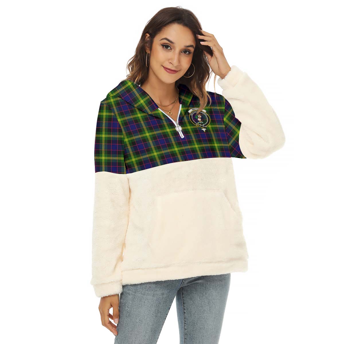 watson-modern-tartan-womens-borg-fleece-hoodie-with-half-zip-with-family-crest