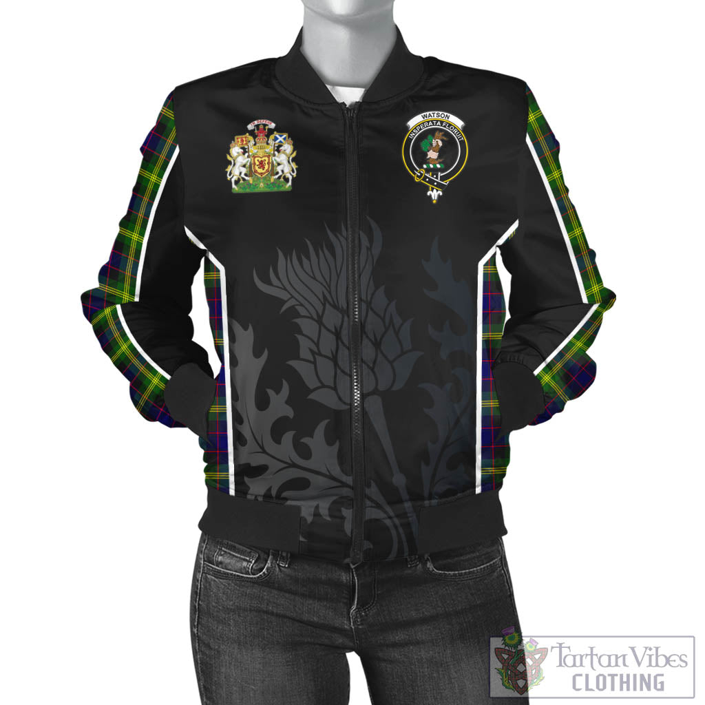 Tartan Vibes Clothing Watson Modern Tartan Bomber Jacket with Family Crest and Scottish Thistle Vibes Sport Style