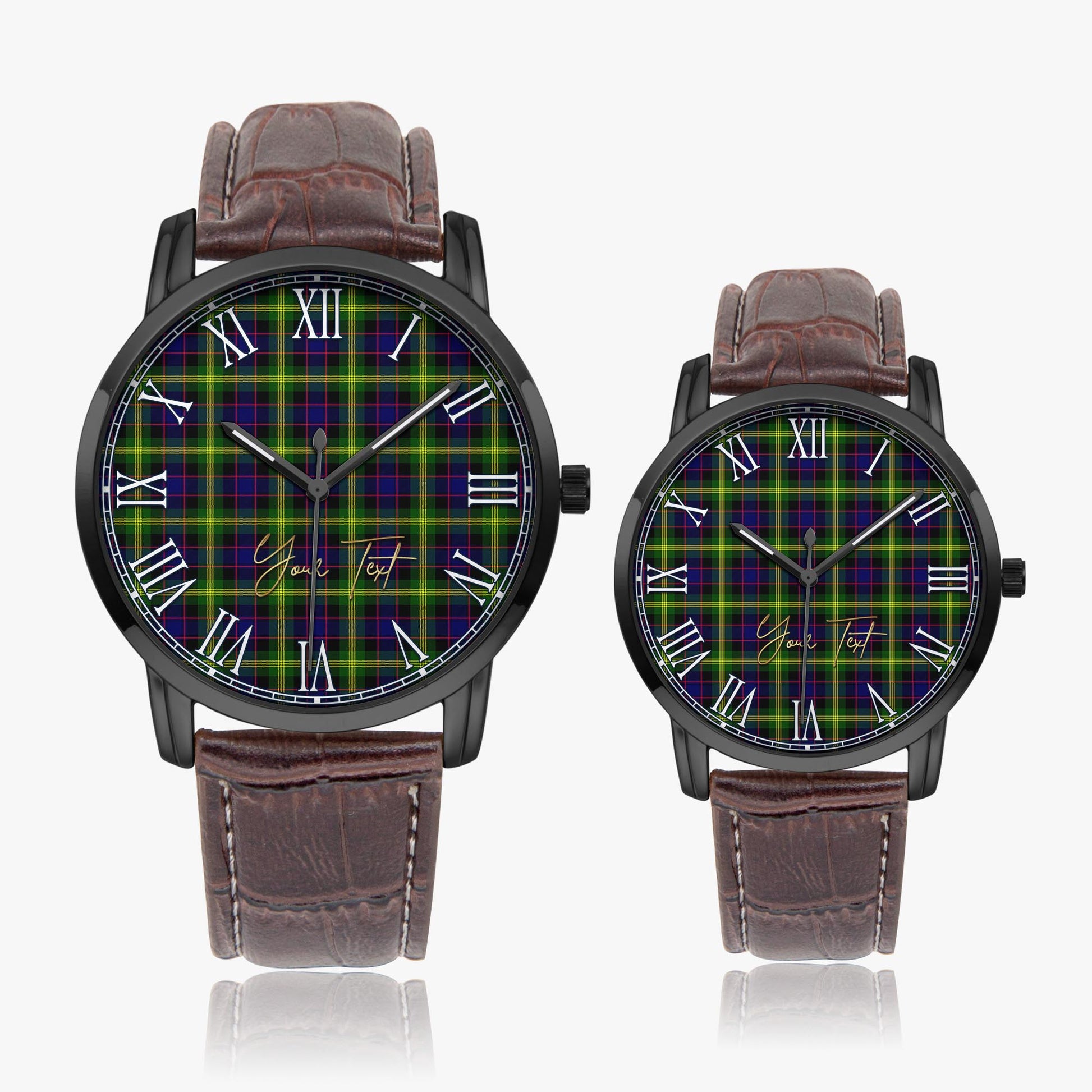Watson Modern Tartan Personalized Your Text Leather Trap Quartz Watch Wide Type Black Case With Brown Leather Strap - Tartanvibesclothing Shop