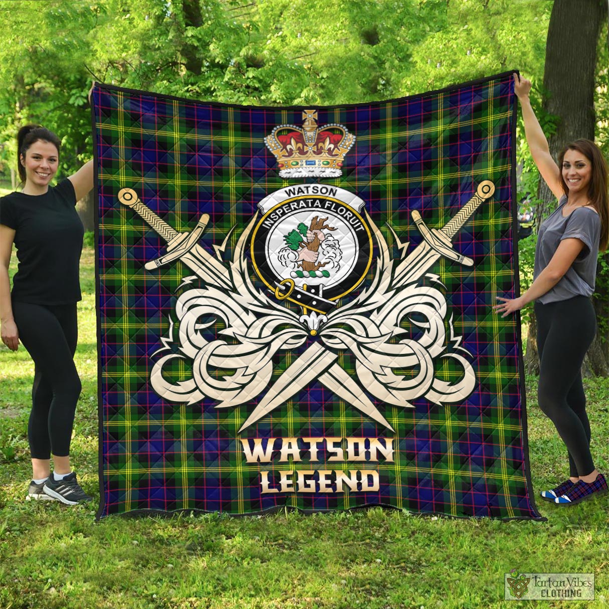 Tartan Vibes Clothing Watson Modern Tartan Quilt with Clan Crest and the Golden Sword of Courageous Legacy