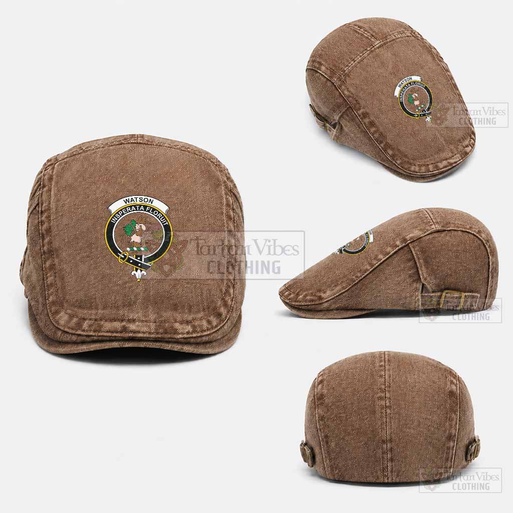 Watson Scottish Clan Crest Washed Flat Cap - Unisex Jeff Cap One Size (Adjustable) Coffee - Tartan Vibes Clothing