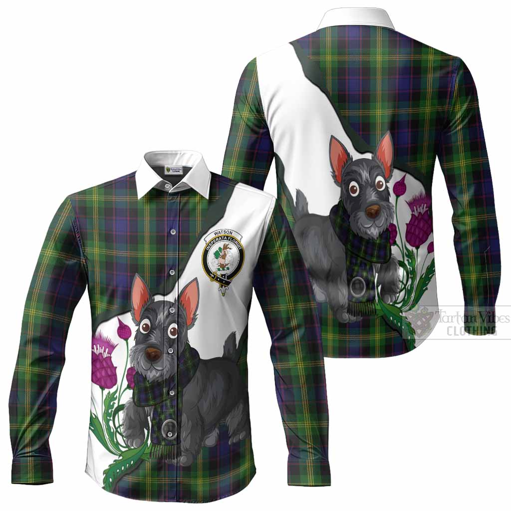 Watson Scottish Terrier Tartan Crest Long Sleeve Button Shirts Thistle Heritage Art