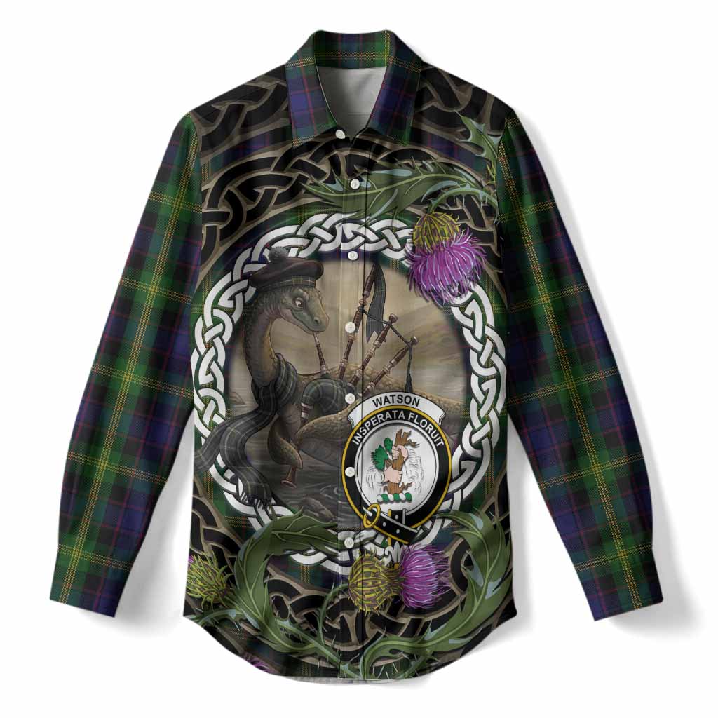 Watson Tartan Crest Bagpipe Nessie Women Casual Shirt Scottish Loch Ness Monster Celtic Thistle