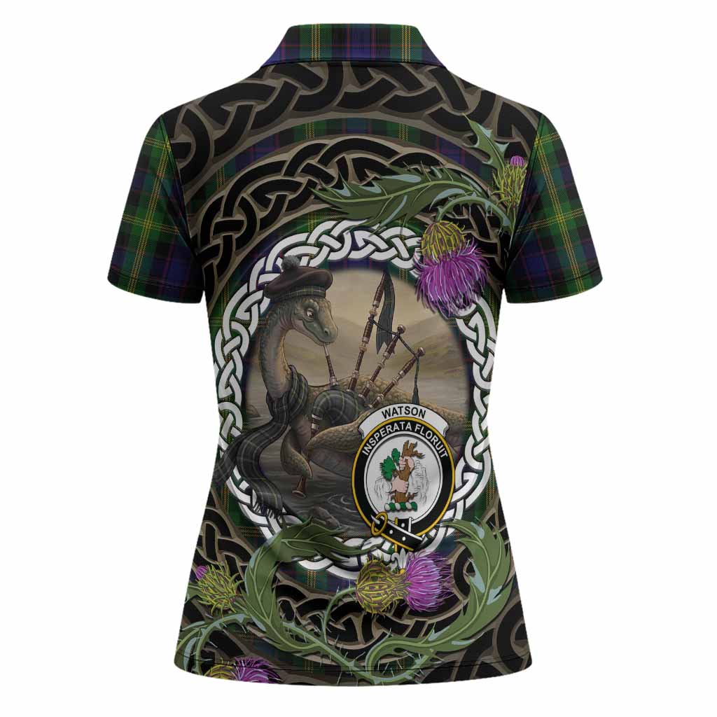 Watson Tartan Crest Bagpipe Nessie Women Polo Shirt Scottish Loch Ness Monster Celtic Thistle