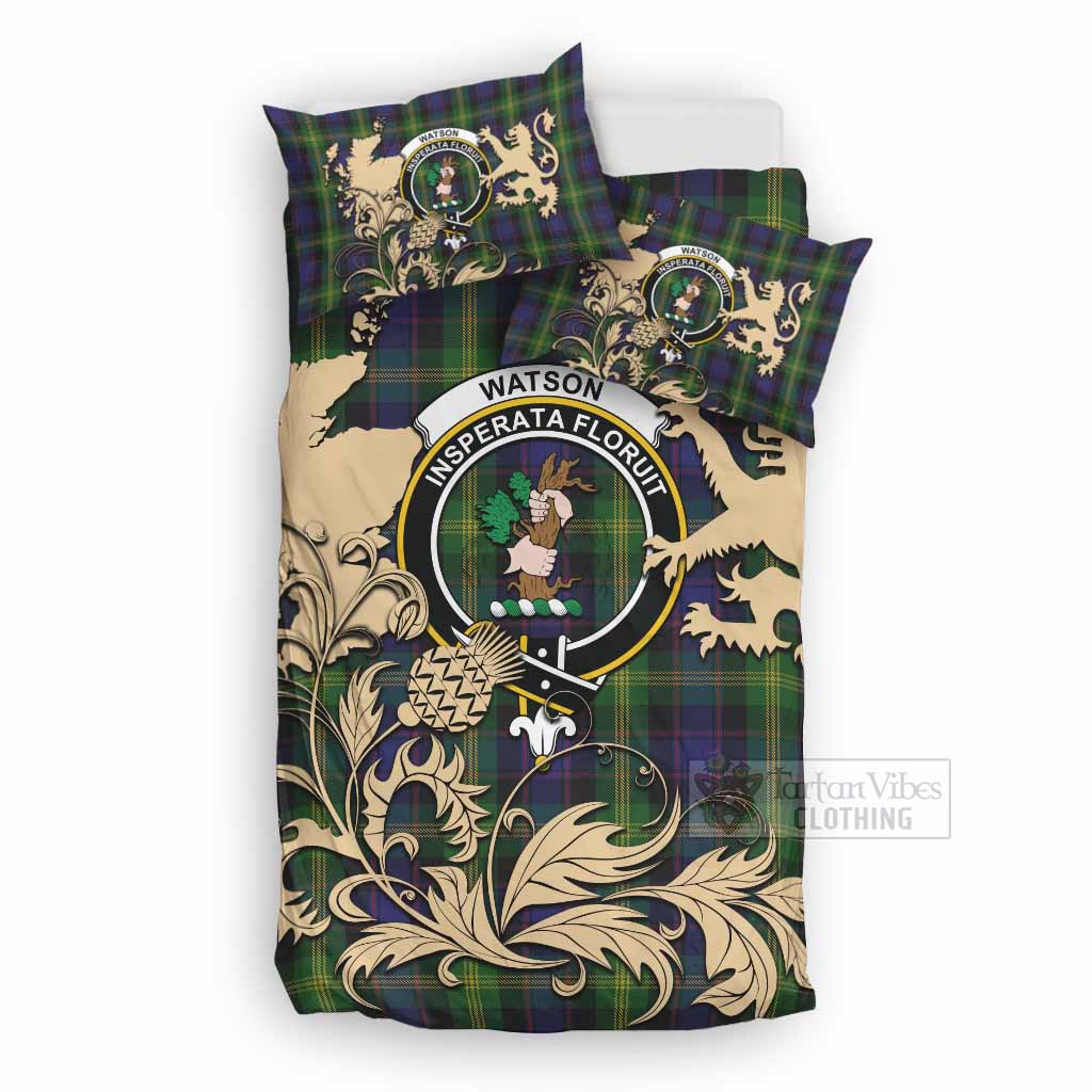 Watson Tartan Crest Bedding Set with Scottish Iconic Symbols 