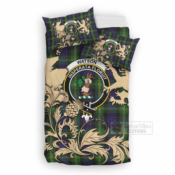Watson Tartan Crest Bedding Set with Scottish Iconic Symbols 