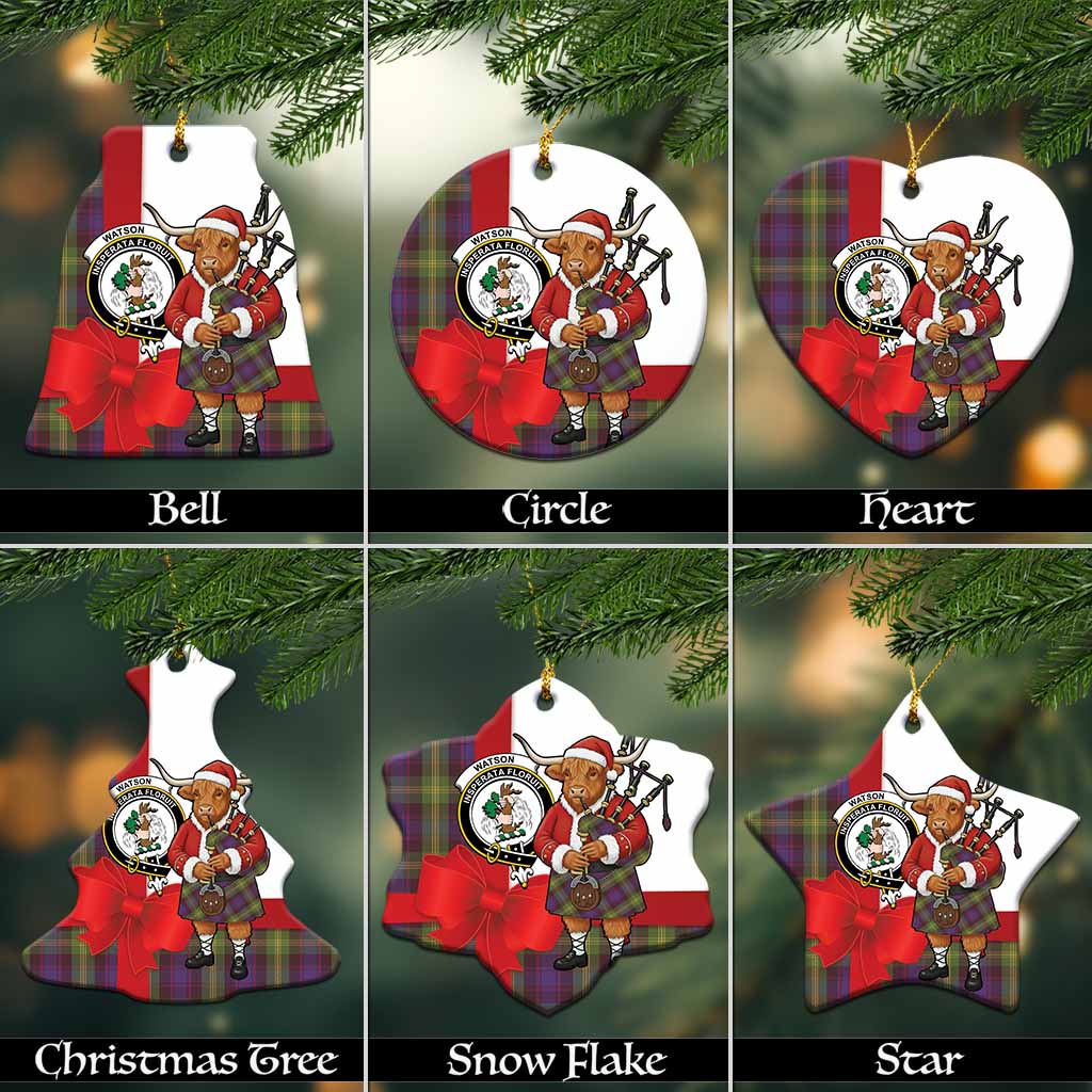 Watson Tartan Crest Christmas Ceramic Ornament Highland Cow Bagpipes Coquette Bow Style