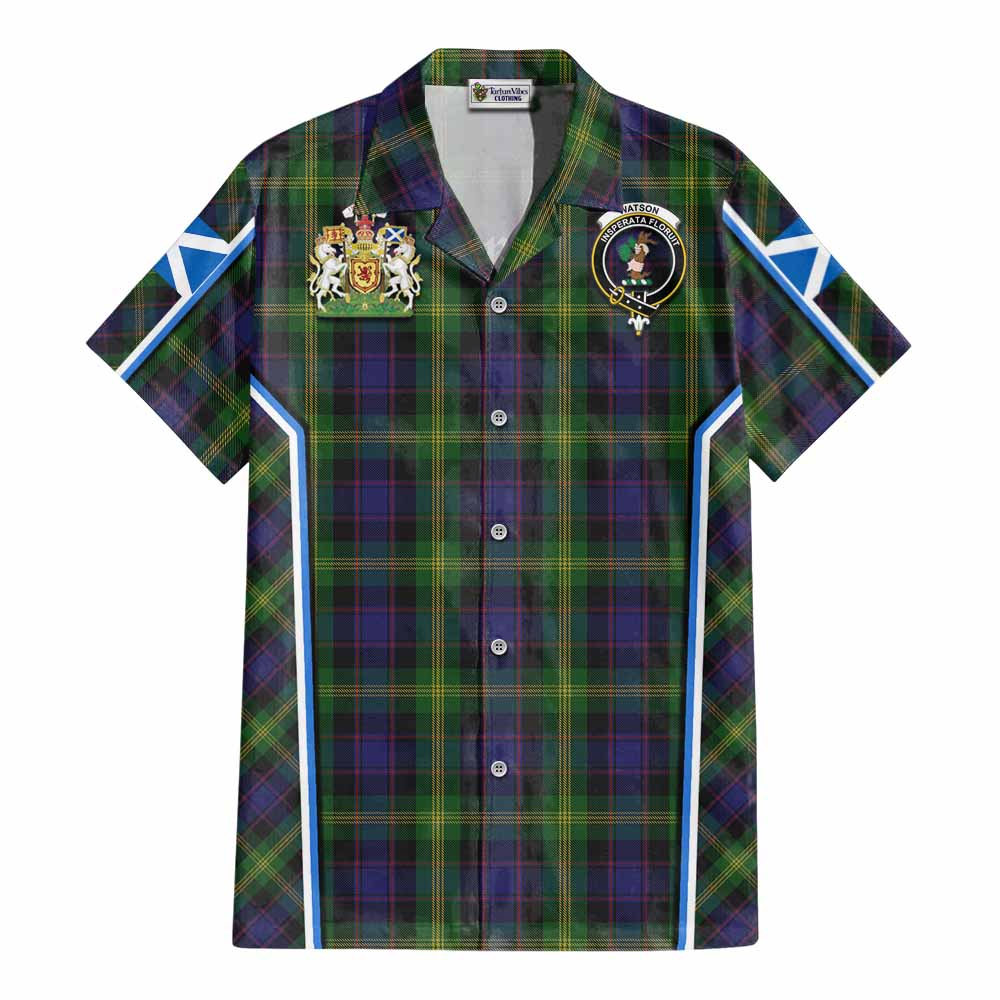 Watson Tartan Crest Cotton Hawaiian Shirt Scotland Coat of Arm Flag Style - Tartan Vibes Clothing
