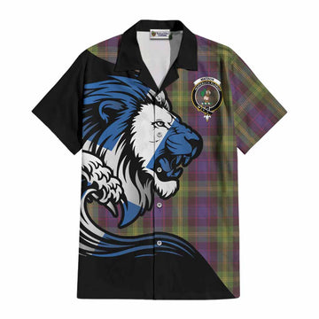 Watson Tartan Crest Cotton Hawaiian Shirt Scottish Golden Lions Wave Flow