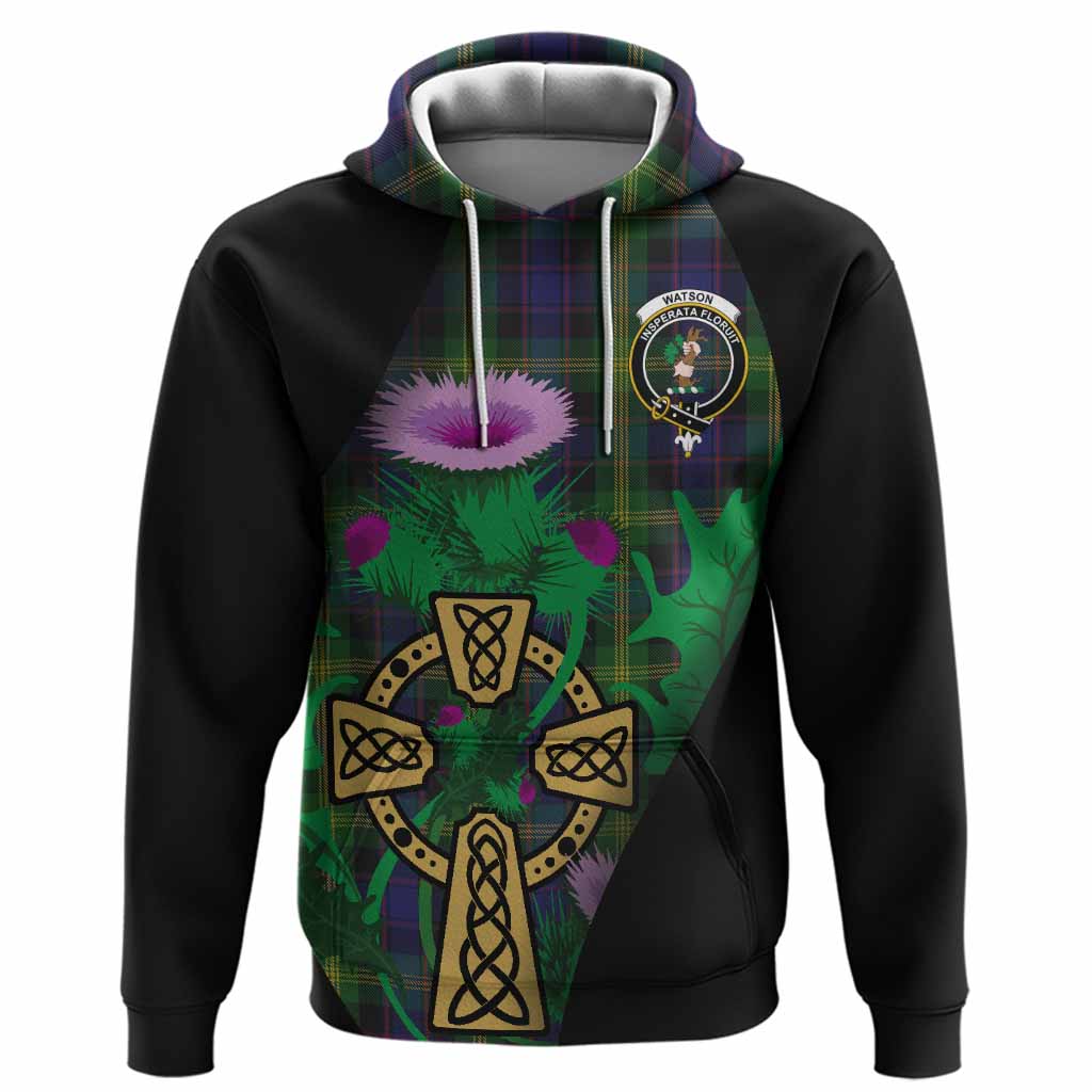 Watson Tartan Crest Hoodie Celtic Cross Thistle Flowers