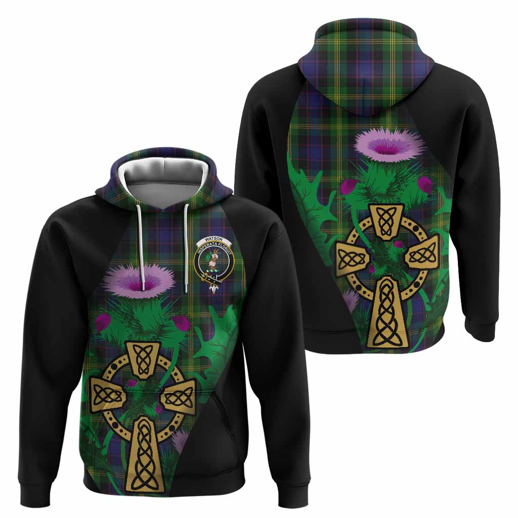 Watson Tartan Crest Hoodie Celtic Cross Thistle Flowers