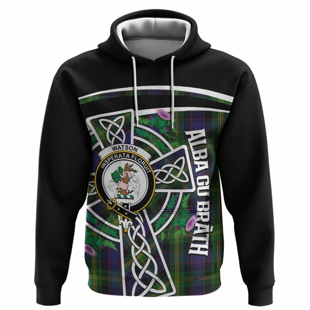 Watson Tartan Crest Hoodie Scottish Thistle Celtic Cross Alba Gu Brath