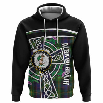 Watson Tartan Crest Hoodie Scottish Thistle Celtic Cross Alba Gu Brath