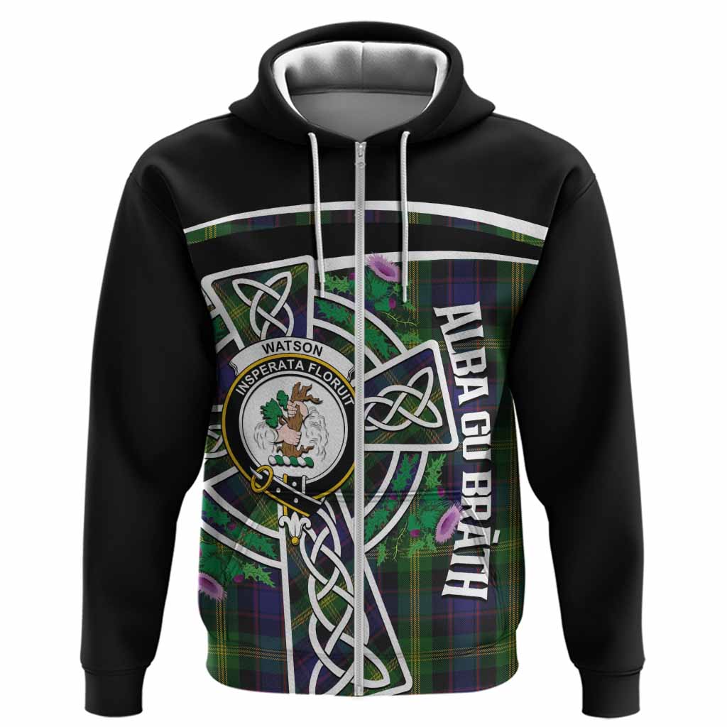 Watson Tartan Crest Hoodie Scottish Thistle Celtic Cross Alba Gu Brath
