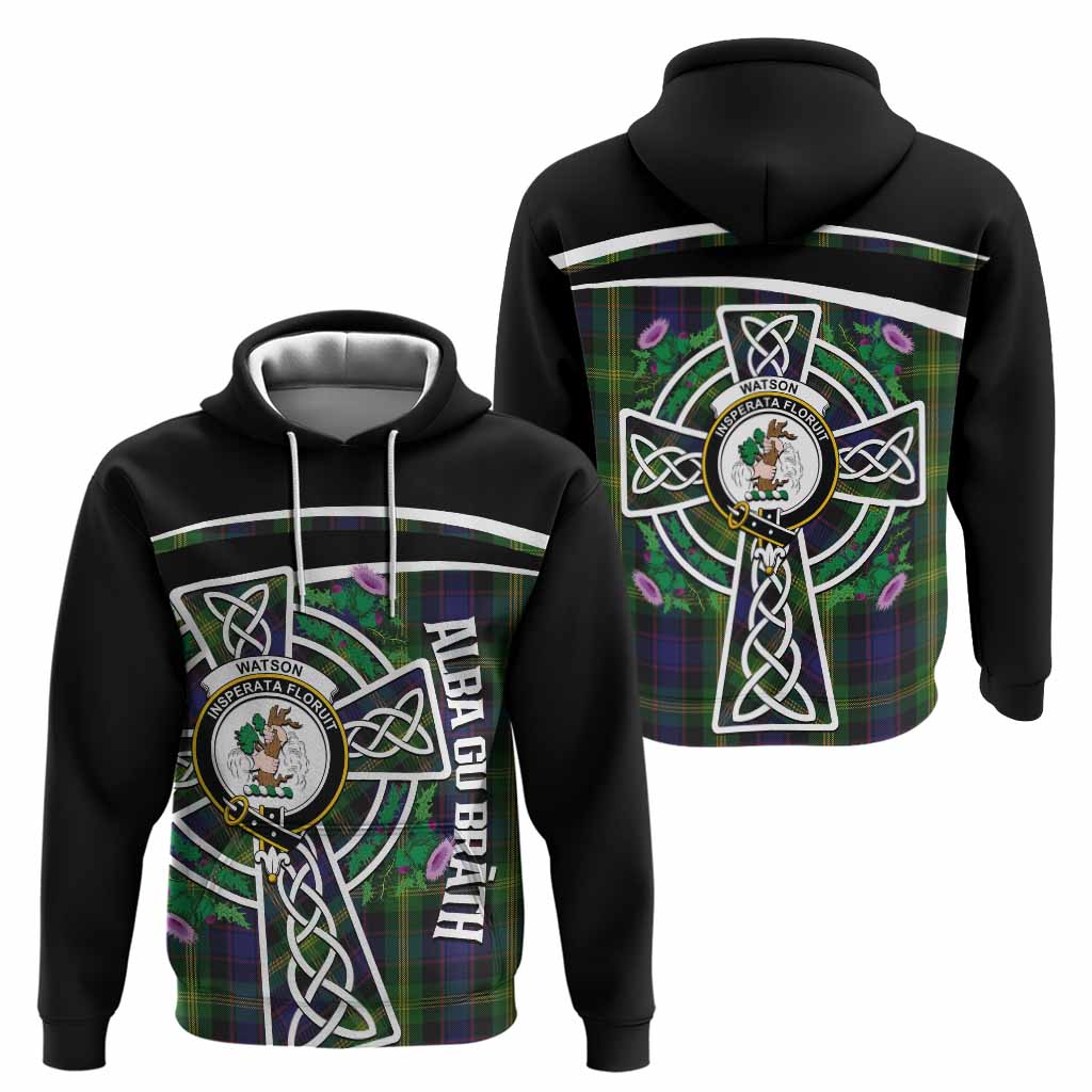 Watson Tartan Crest Hoodie Scottish Thistle Celtic Cross Alba Gu Brath