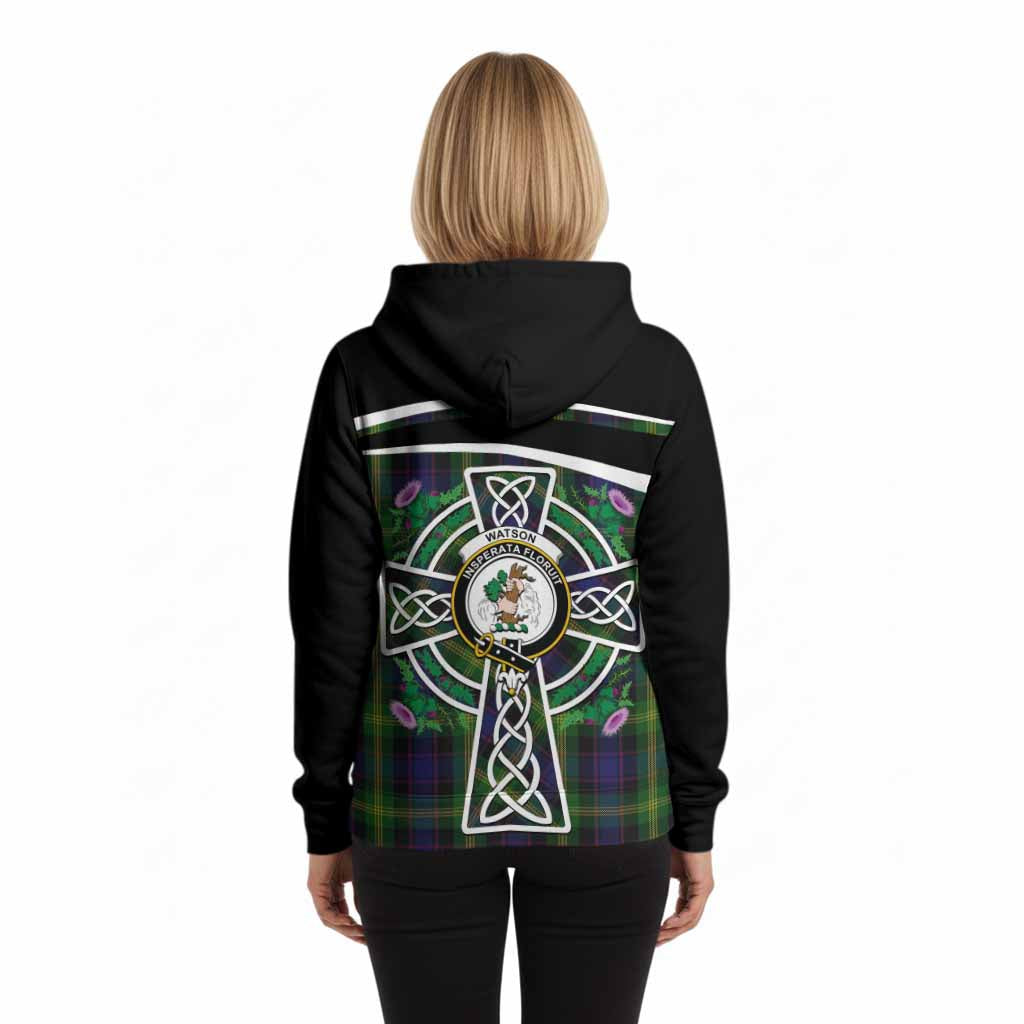 Watson Tartan Crest Hoodie Scottish Thistle Celtic Cross Alba Gu Brath