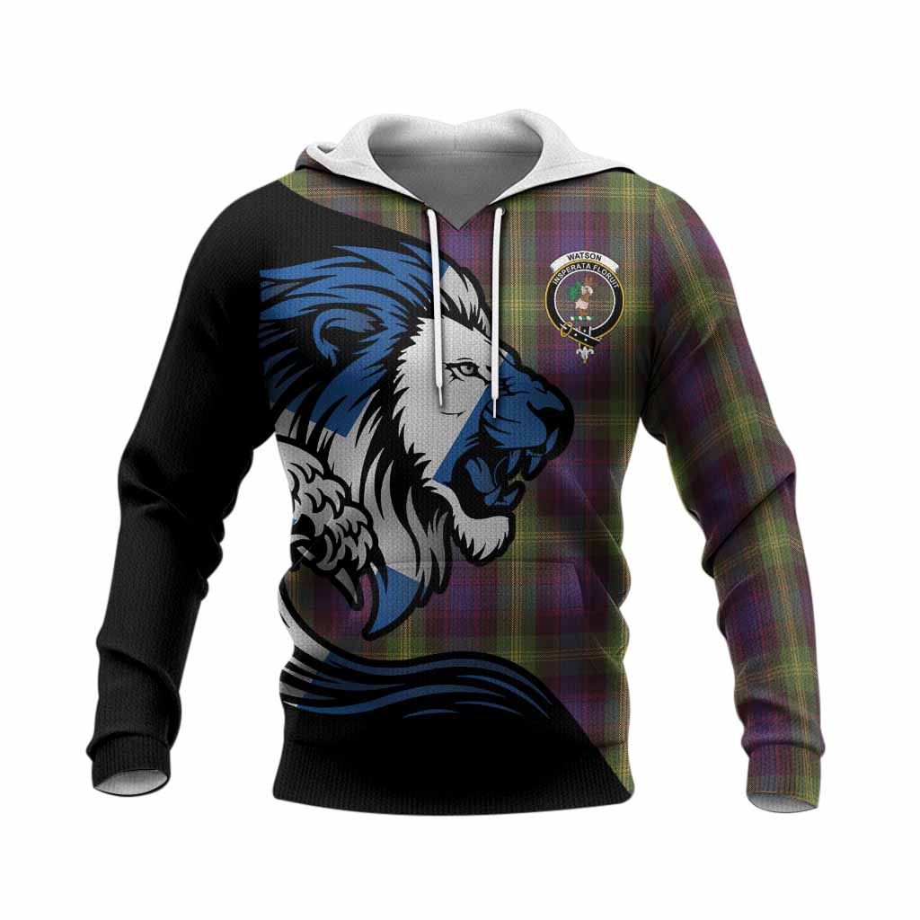 Watson Tartan Crest Knitted Hoodie Scottish Golden Lions Wave Flow