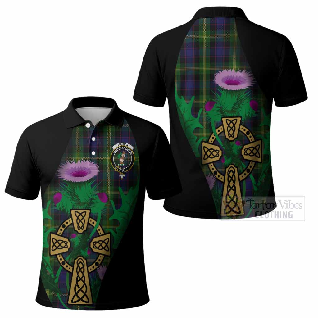 Watson Tartan Crest Polo Shirt Celtic Cross Thistle Flowers