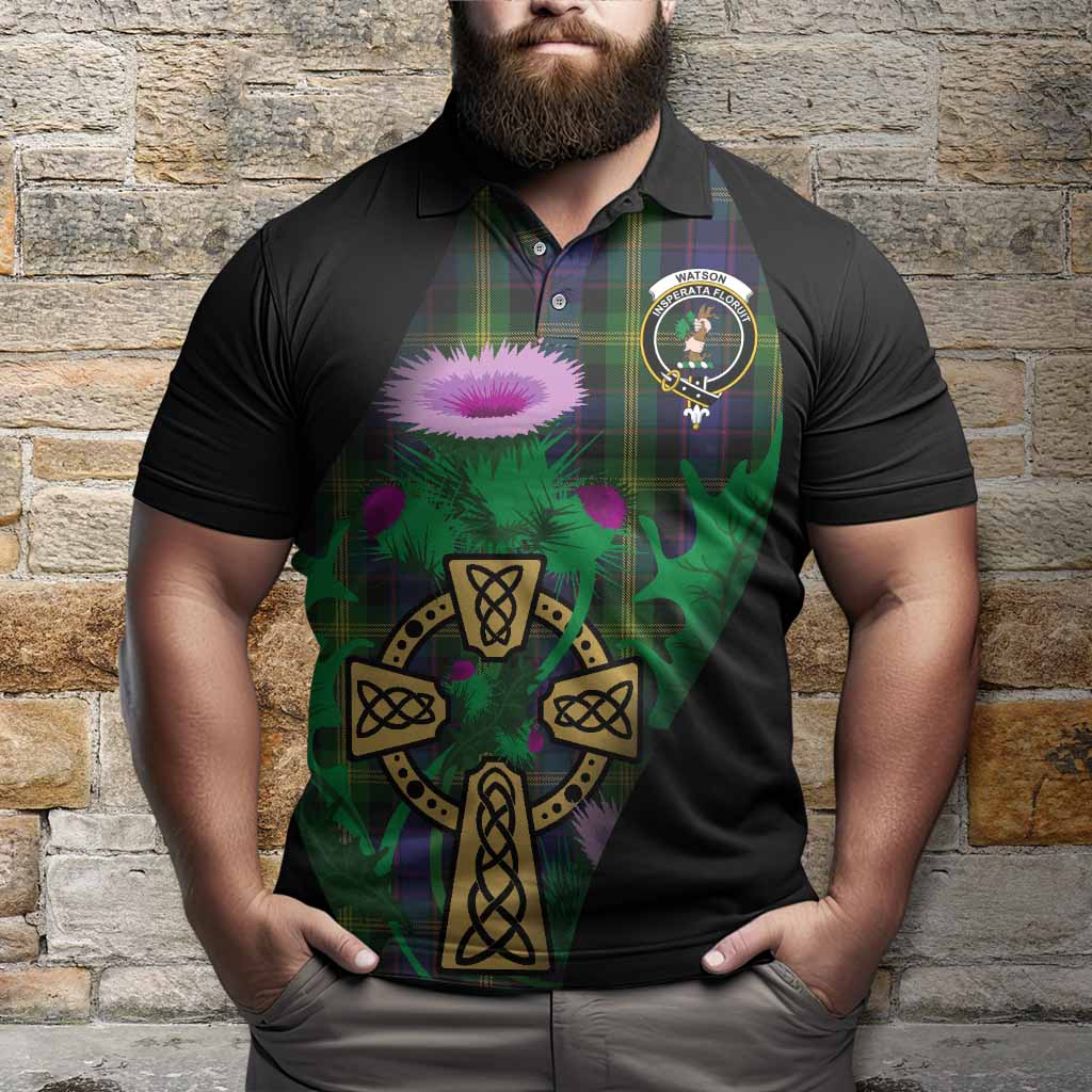 Watson Tartan Crest Polo Shirt Celtic Cross Thistle Flowers