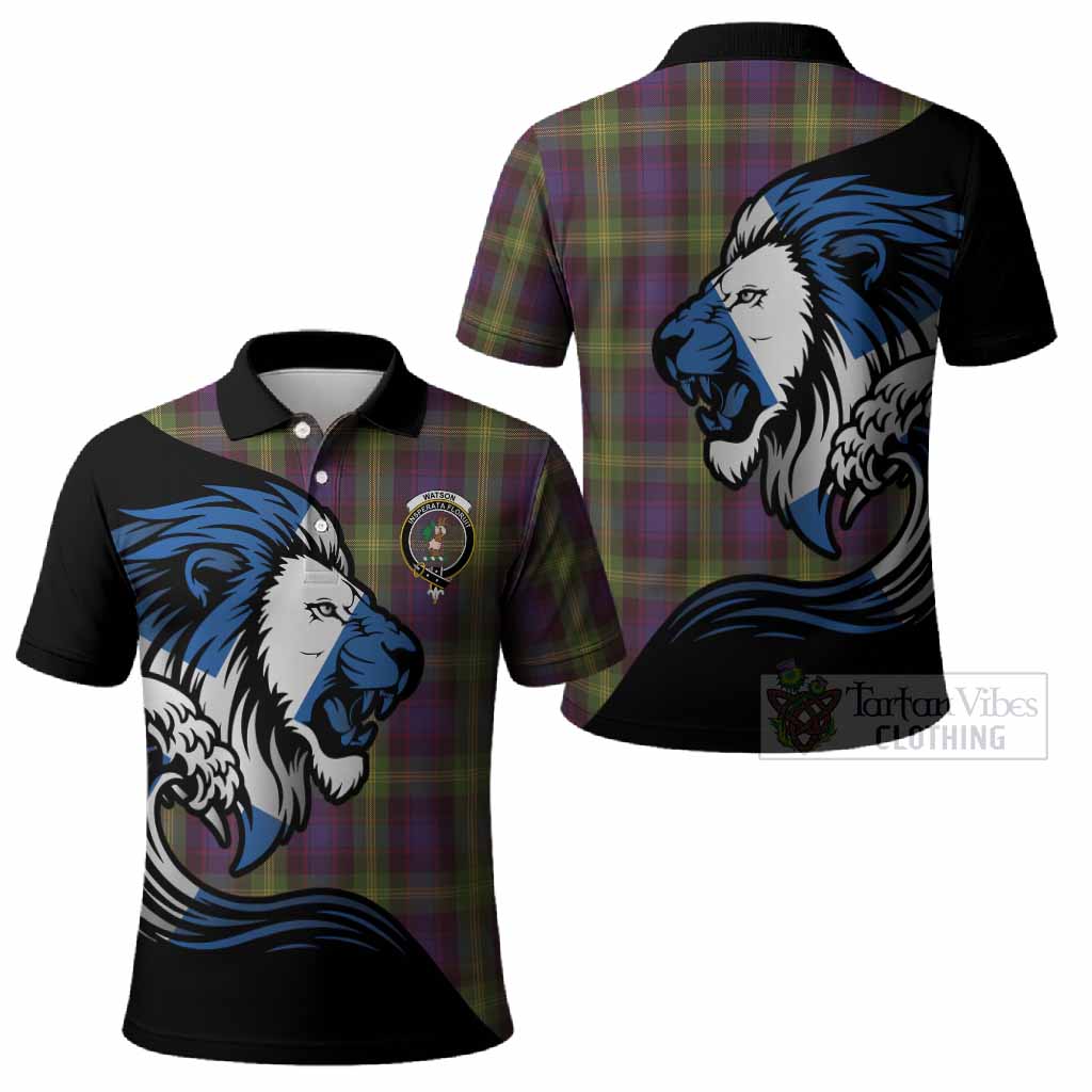 Watson Tartan Crest Polo Shirt Scottish Golden Lions Wave Flow
