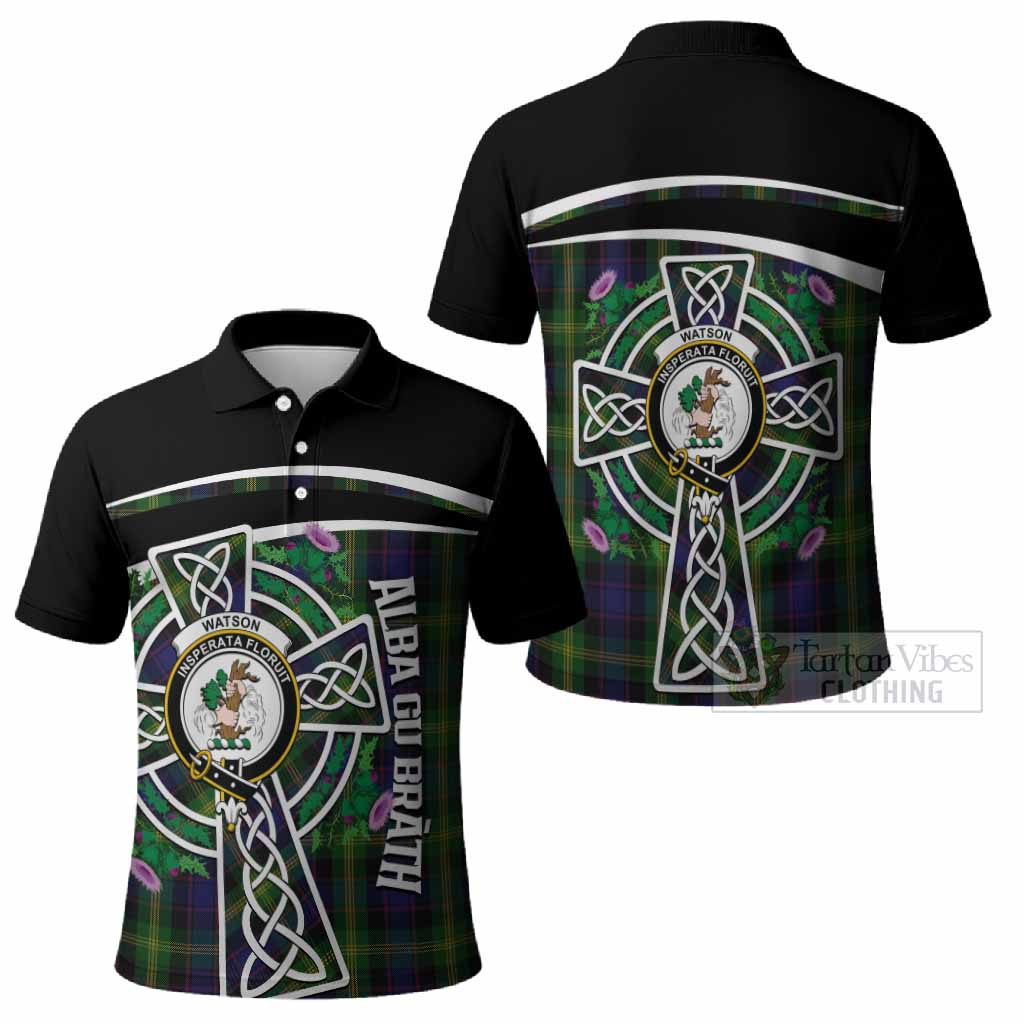 Watson Tartan Crest Polo Shirt Scottish Thistle Celtic Cross Alba Gu Brath