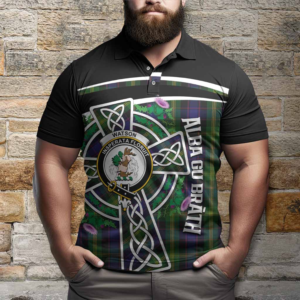 Watson Tartan Crest Polo Shirt Scottish Thistle Celtic Cross Alba Gu Brath