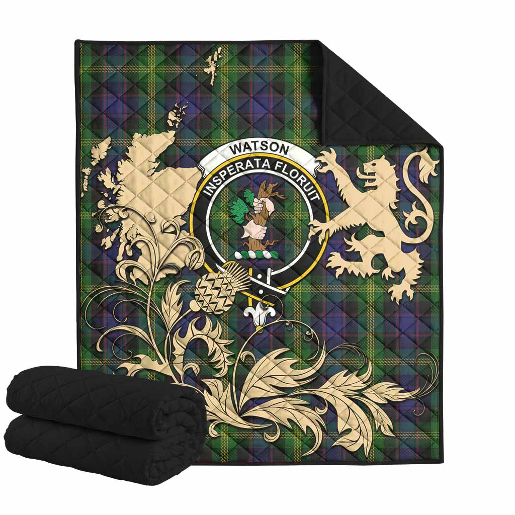 Watson Tartan Crest Premium Quilt with Scottish Iconic Symbols 