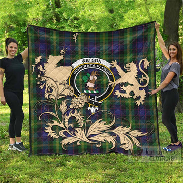 Watson Tartan Crest Premium Quilt with Scottish Iconic Symbols 