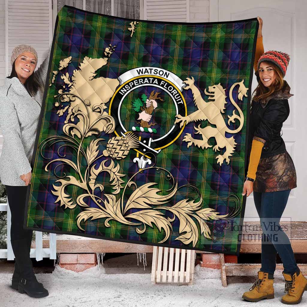 Watson Tartan Crest Premium Quilt with Scottish Iconic Symbols 