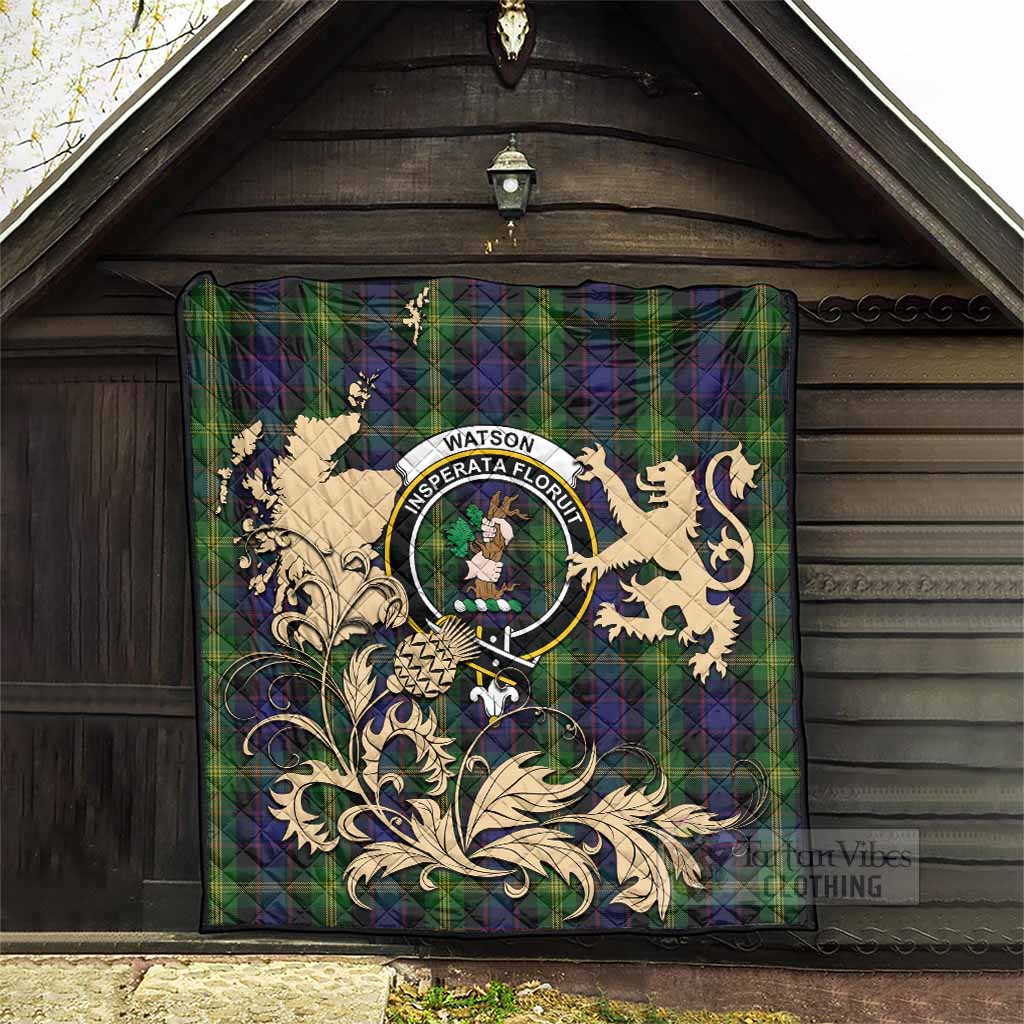 Watson Tartan Crest Premium Quilt with Scottish Iconic Symbols 