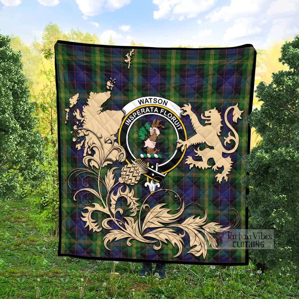 Watson Tartan Crest Premium Quilt with Scottish Iconic Symbols 