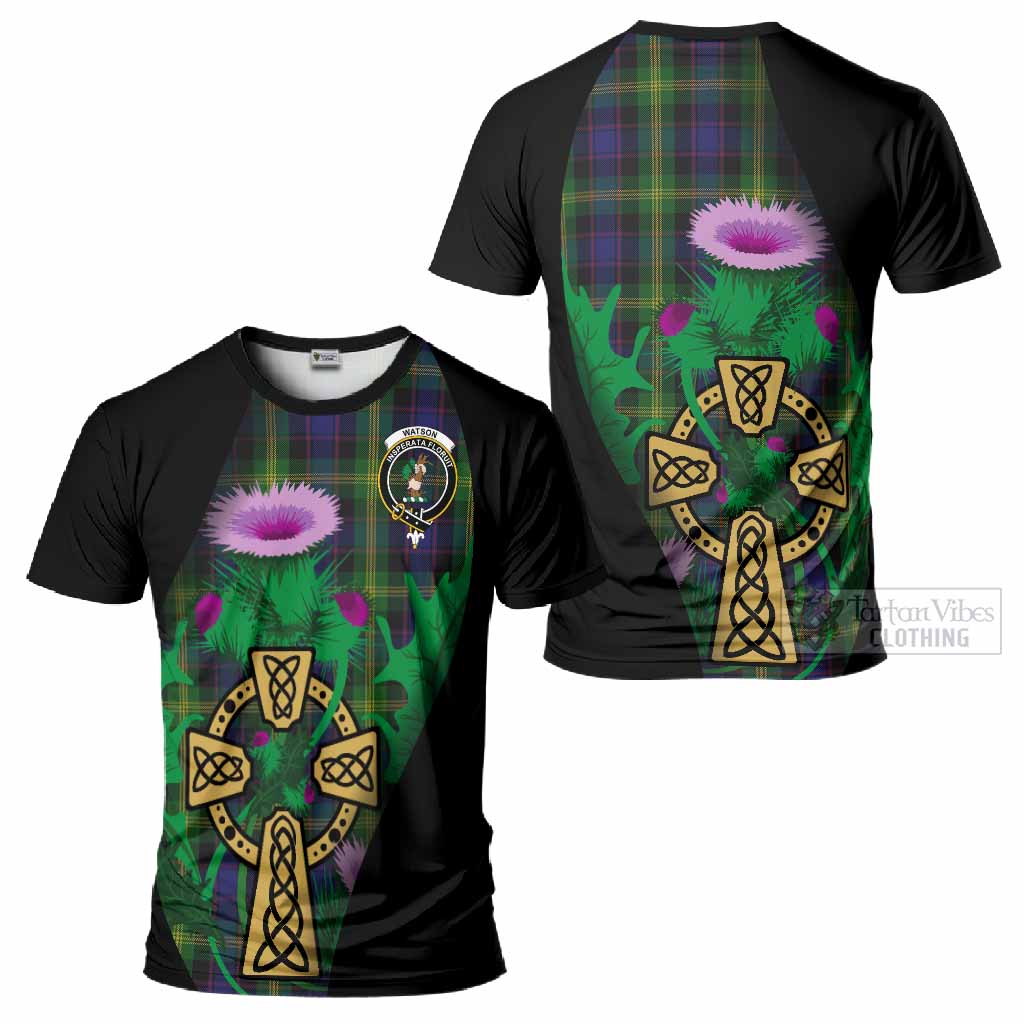 Watson Tartan Crest T-Shirt Celtic Cross Thistle Flowers