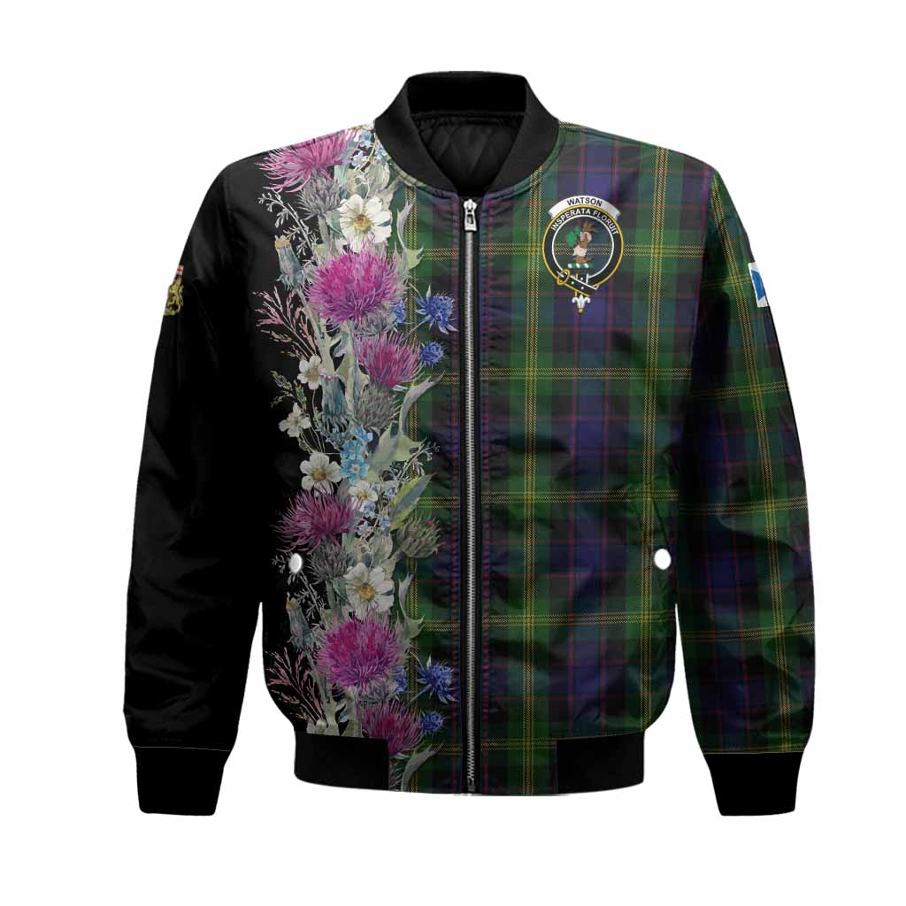 Watson Tartan Crest Thistle Floral Bomber Jacket Unisex Black - Tartan Vibes Clothing