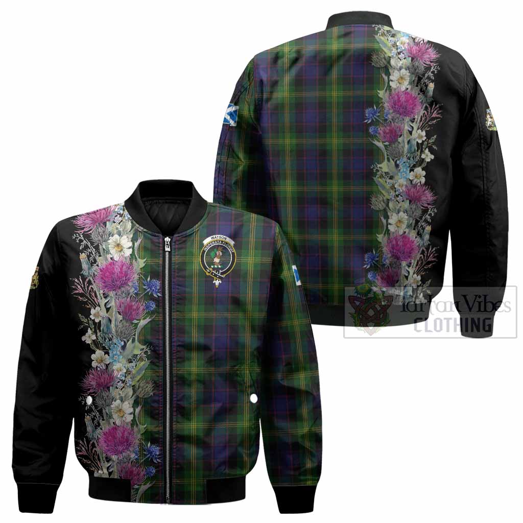 Watson Tartan Crest Thistle Floral Bomber Jacket - Tartan Vibes Clothing