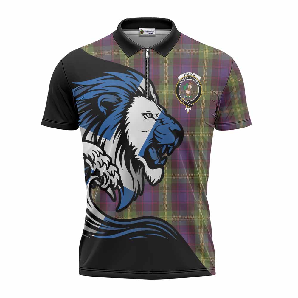 Watson Tartan Crest Zipper Polo Shirt Scottish Golden Lions Wave Flow