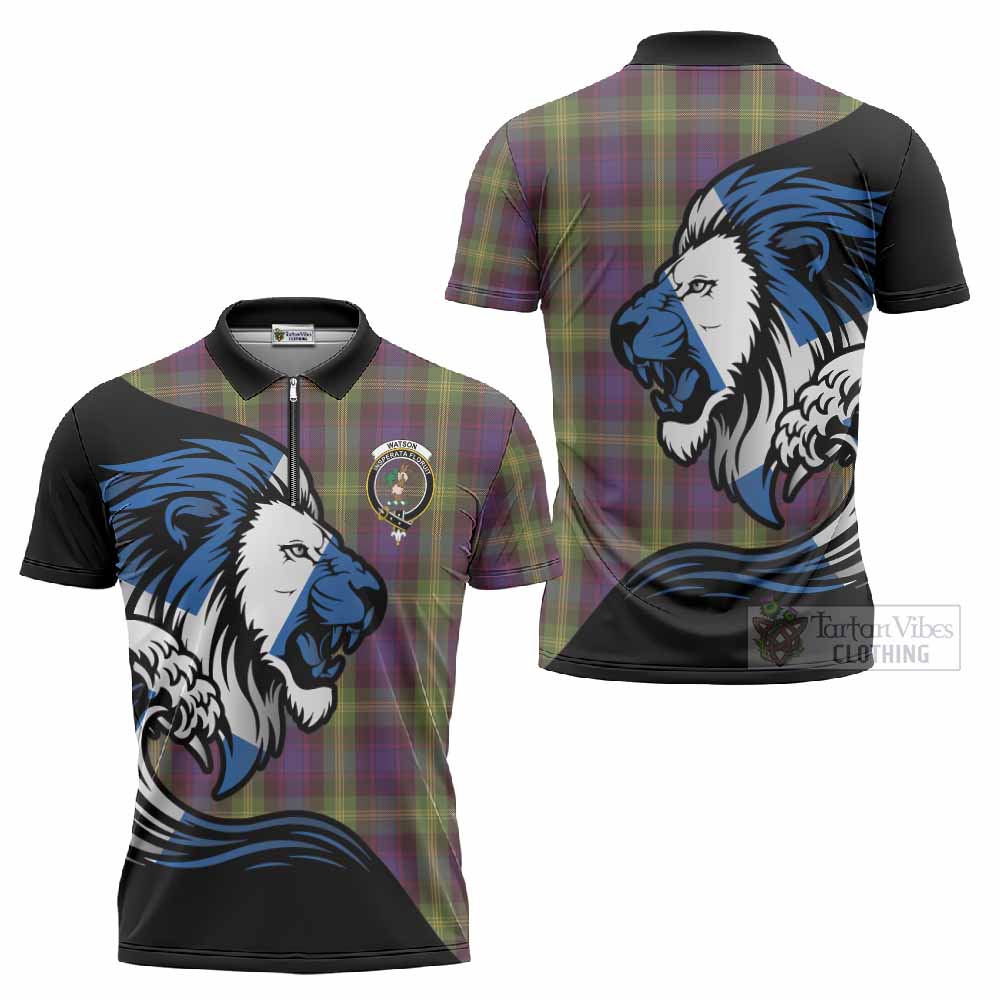 Watson Tartan Crest Zipper Polo Shirt Scottish Golden Lions Wave Flow