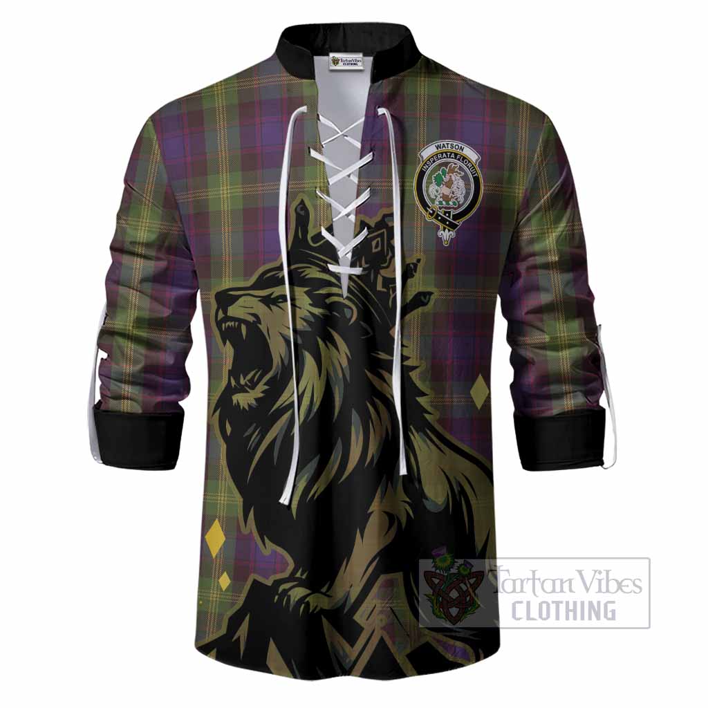 Watson Tartan Family Crest Ghillie Shirt Crowned Lion Roaring
