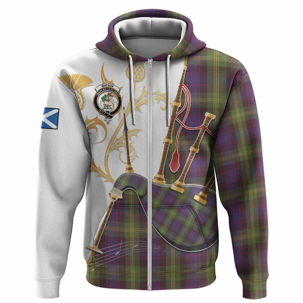 Watson Tartan Family Crest Hoodie Bagpipes with Scottish Thistle