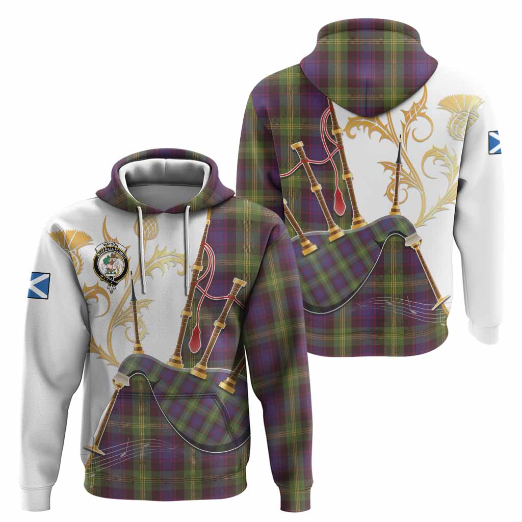 Watson Tartan Family Crest Hoodie Bagpipes with Scottish Thistle