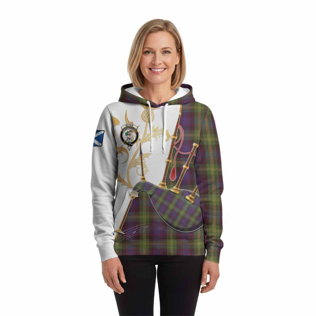 Watson Tartan Family Crest Hoodie Bagpipes with Scottish Thistle