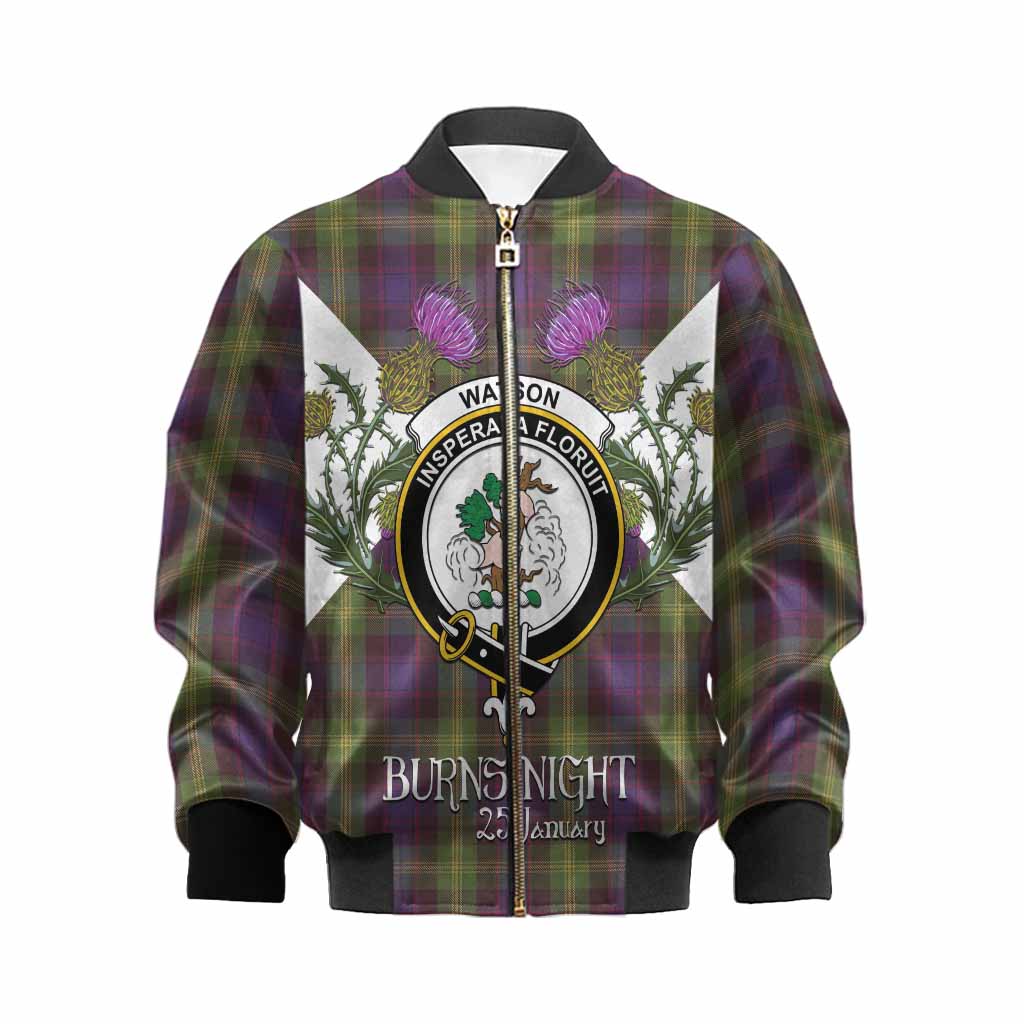 Watson Tartan Family Crest Kid Bomber Jacket Scottish Burns Night Thistle Floral
