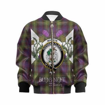 Watson Tartan Family Crest Kid Bomber Jacket Scottish Burns Night Thistle Floral