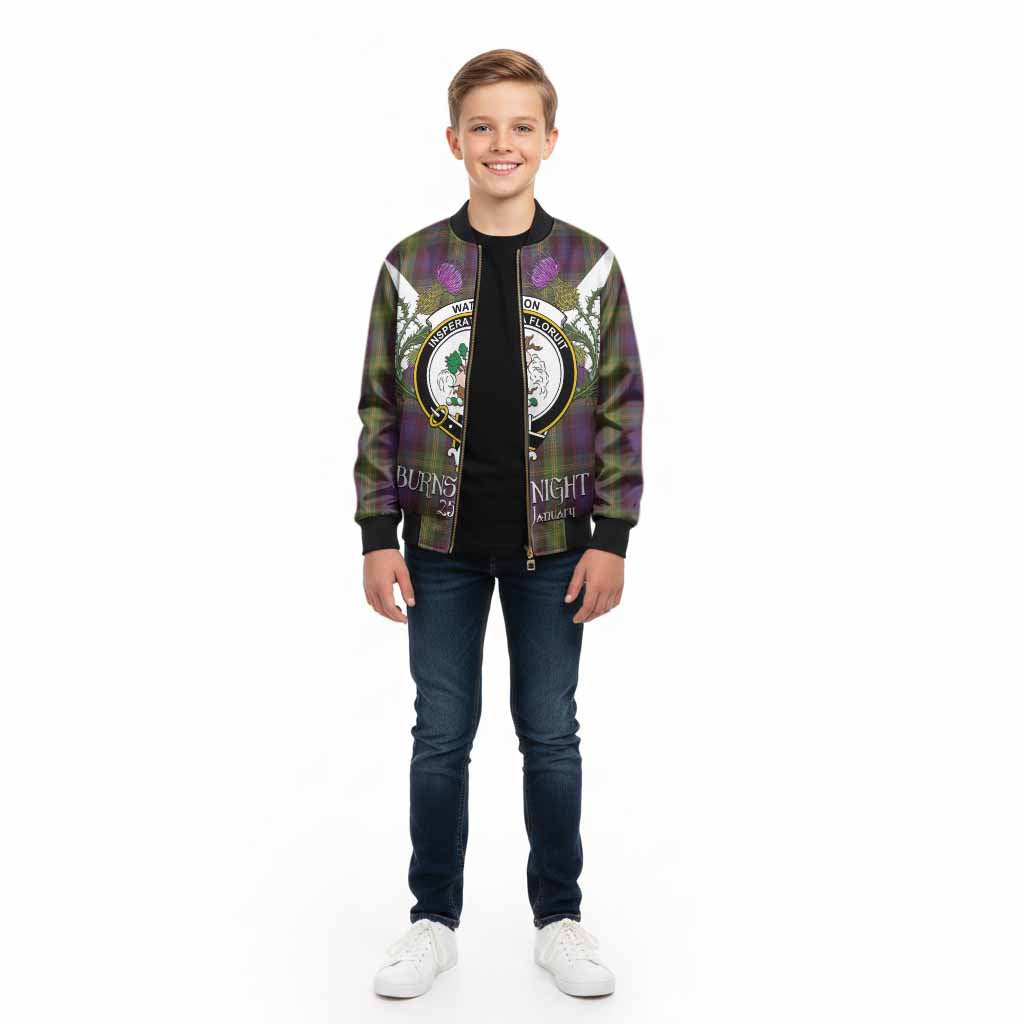 Watson Tartan Family Crest Kid Bomber Jacket Scottish Burns Night Thistle Floral