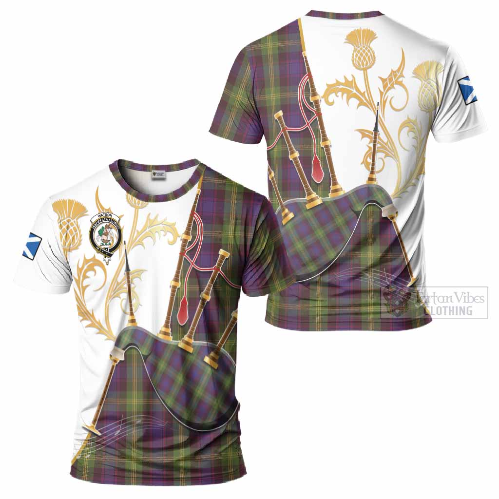 Watson Tartan Family Crest T-Shirt Bagpipes with Scottish Thistle