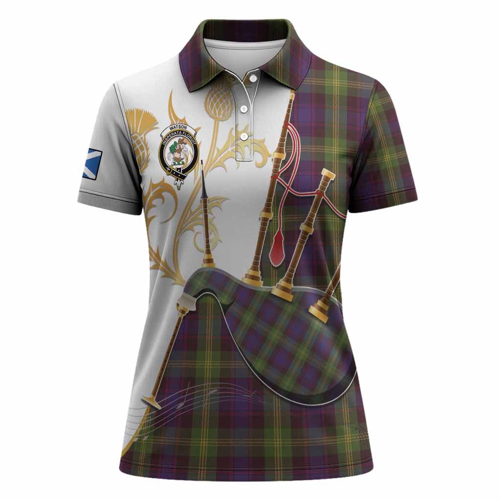 Watson Tartan Family Crest Women Polo Shirt Bagpipes with Scottish Thistle