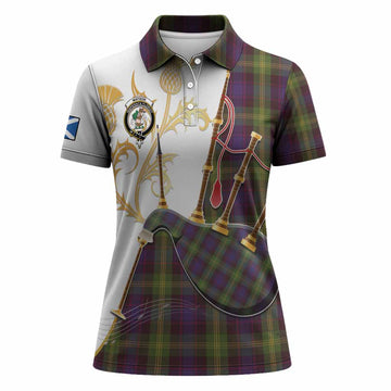 Watson Tartan Family Crest Women Polo Shirt Bagpipes with Scottish Thistle